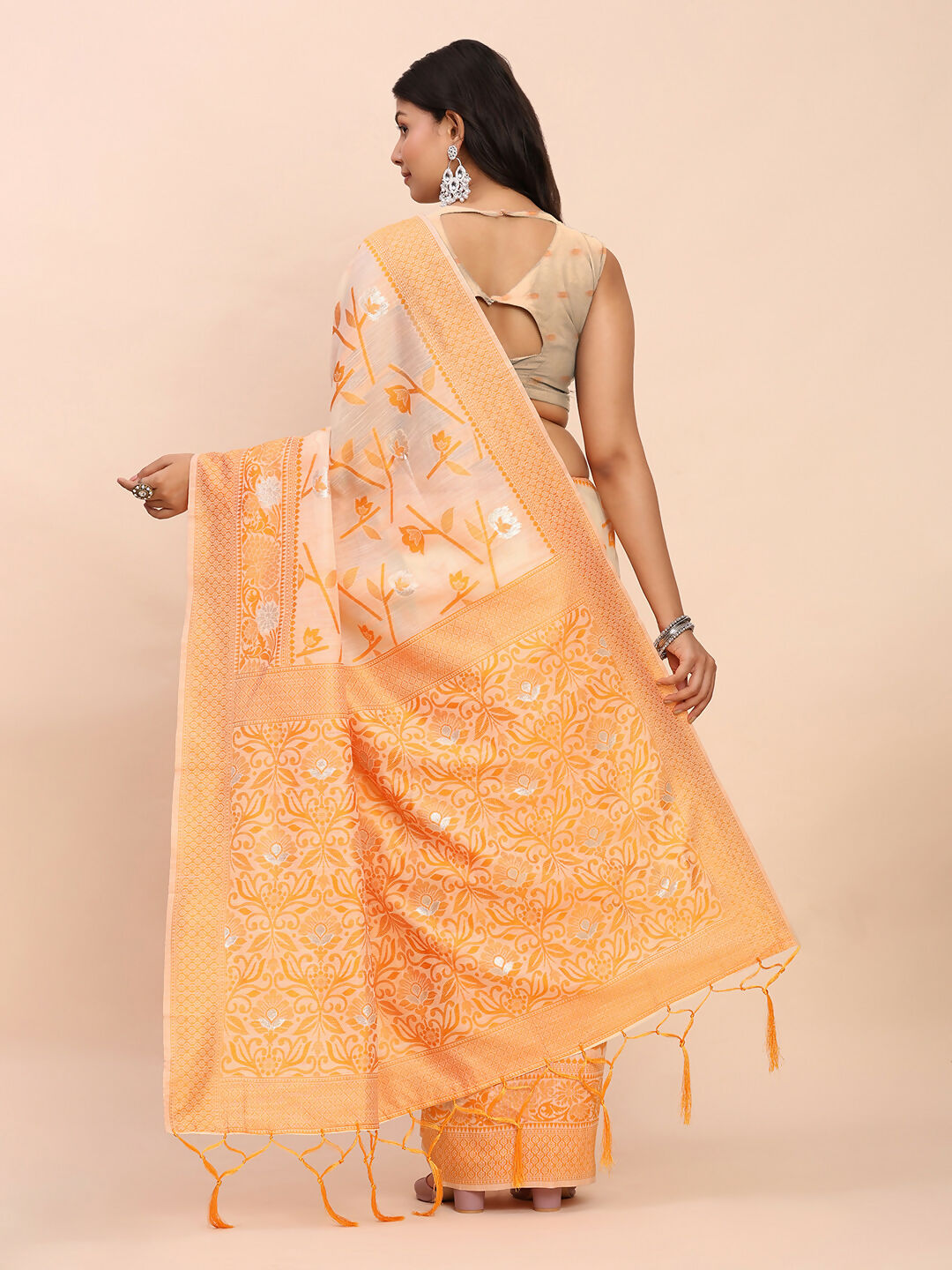 Shree Shyam Fashion Linen Cotton Orange Saree - Distacart