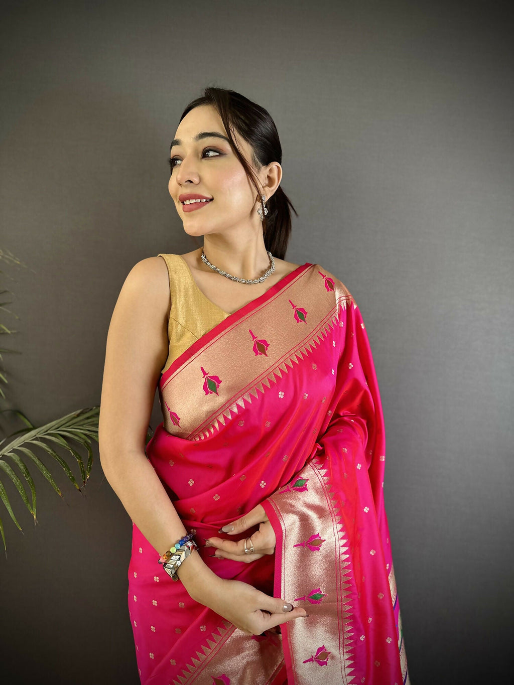 Joban Fashion Rani Pink Peacock & Floral Motifs Soft Lichi Silk Kanchipuram Saree - Distacart