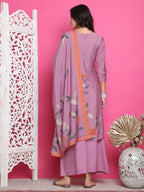 Jyoti Fashion Women's Purple Muslin Floral Print with Jari & Crystal work Kurta with Trouser & Dupatta