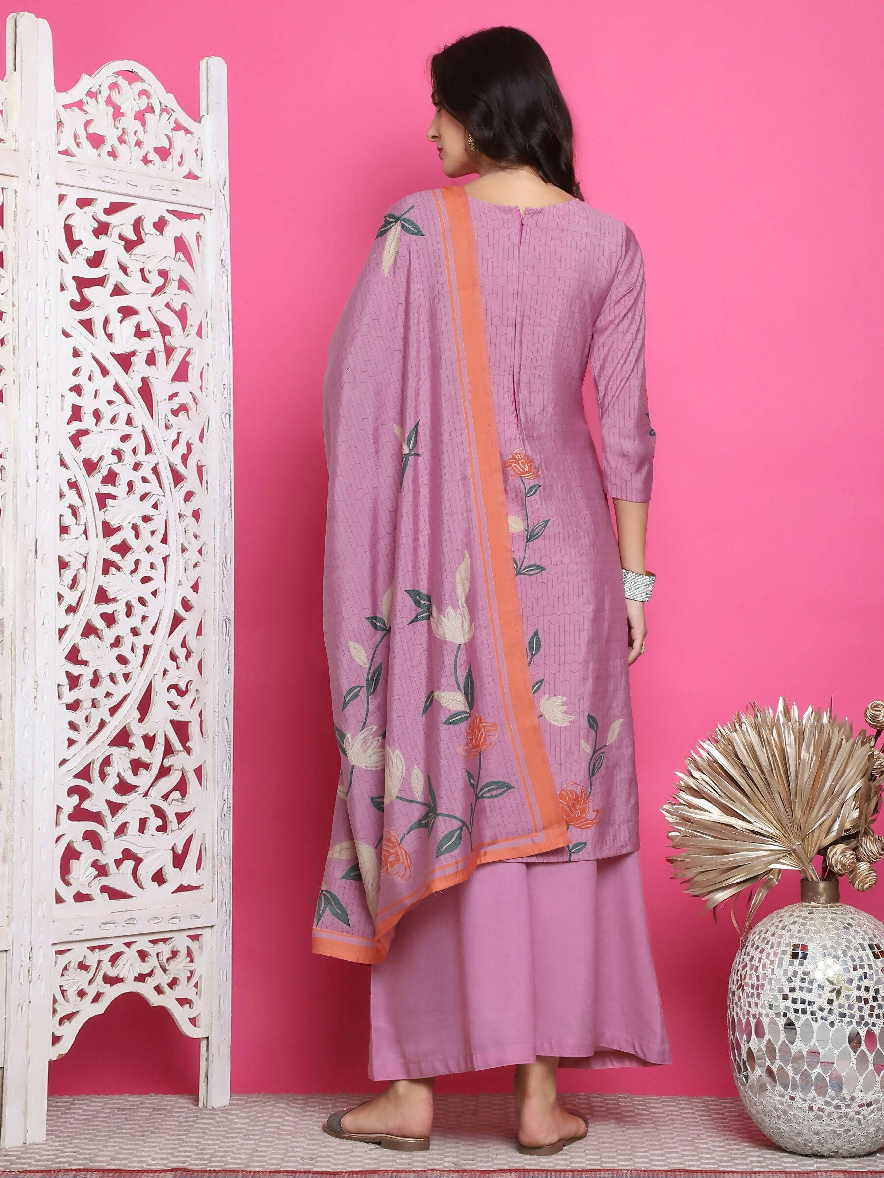 Jyoti Fashion Women's Purple Muslin Floral Print with Jari & Crystal work Kurta with Trouser & Dupatta