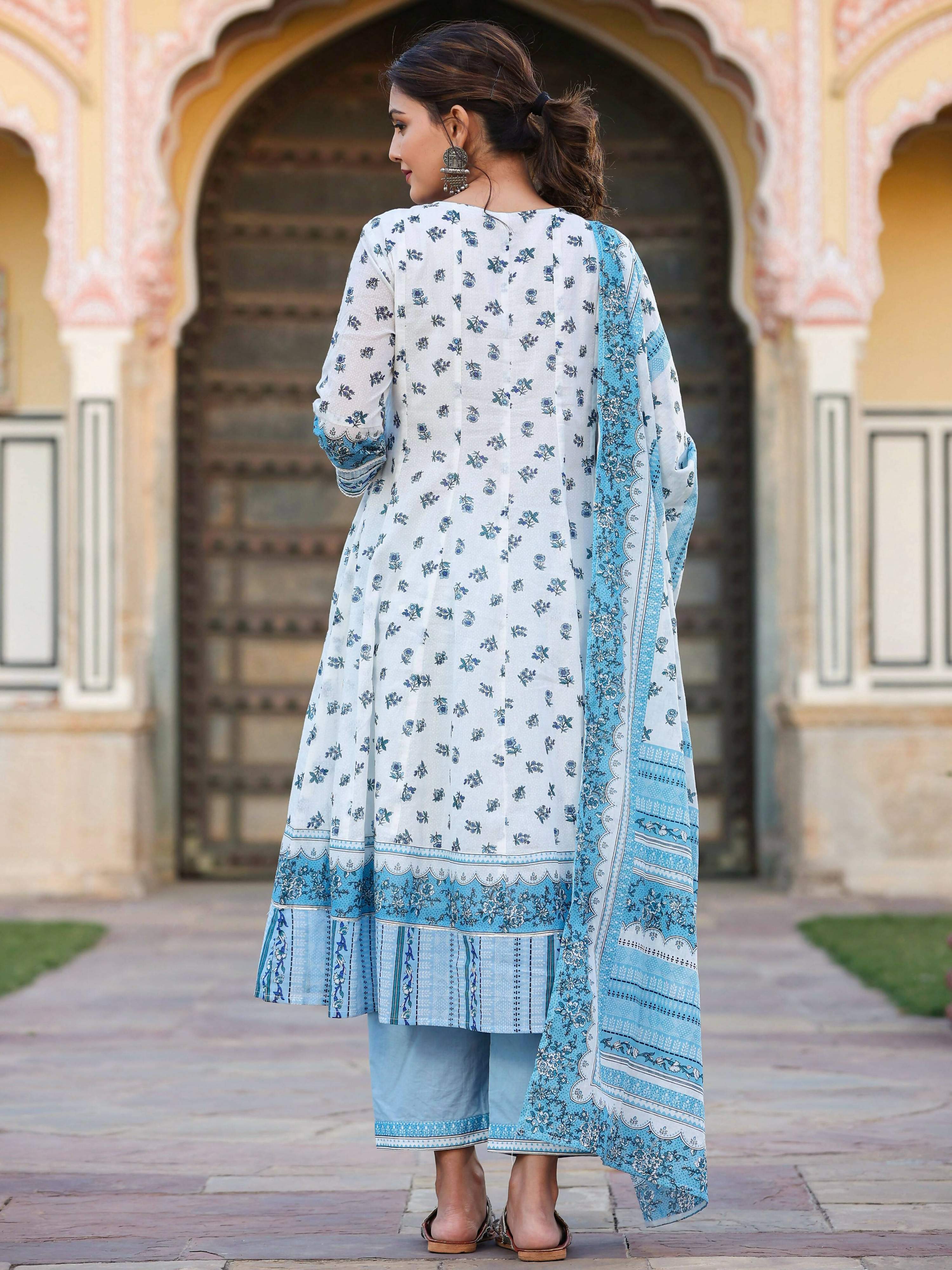 Juniper Women's White Cotton Voile Floral Printed Kurta With Cambric Straight Pant And Voile Duptta - Distacart