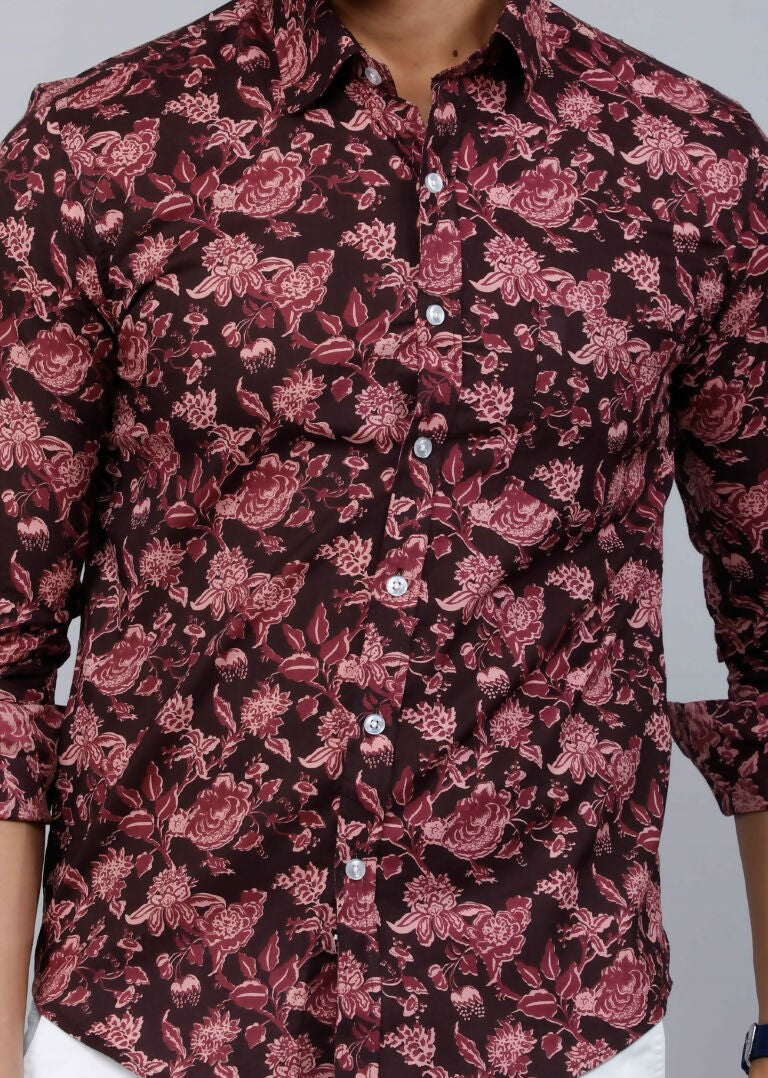 Miravan Men's Floral Slim Fit Long Sleeves Maroon Shirt