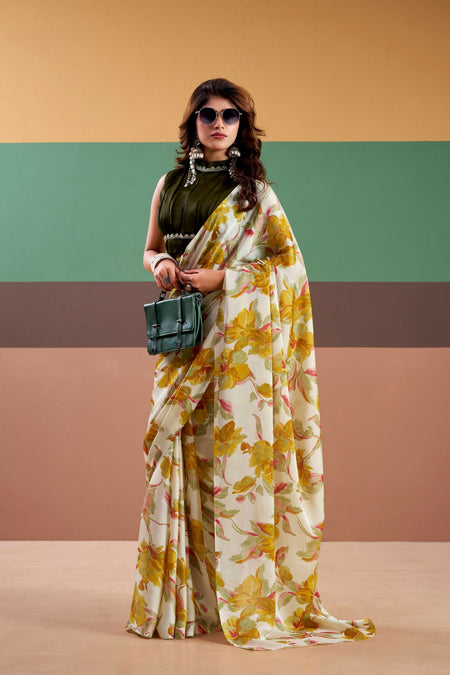 Vastranavya Yellow Satin Silk Floral Printed Saree with Stitched Blouse