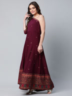 Ahalyaa Women Burgundy & Gold-Toned Ethnic Motifs One Shoulder Ethnic Maxi Dress - Distacart