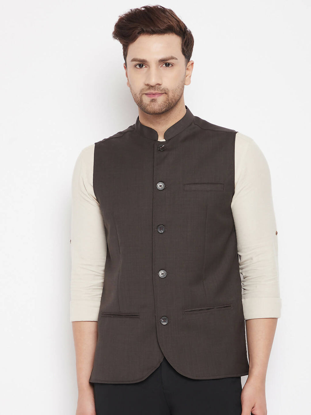 Even Apparels Brown Merino Men Woven Nehru Jacket - Distacart