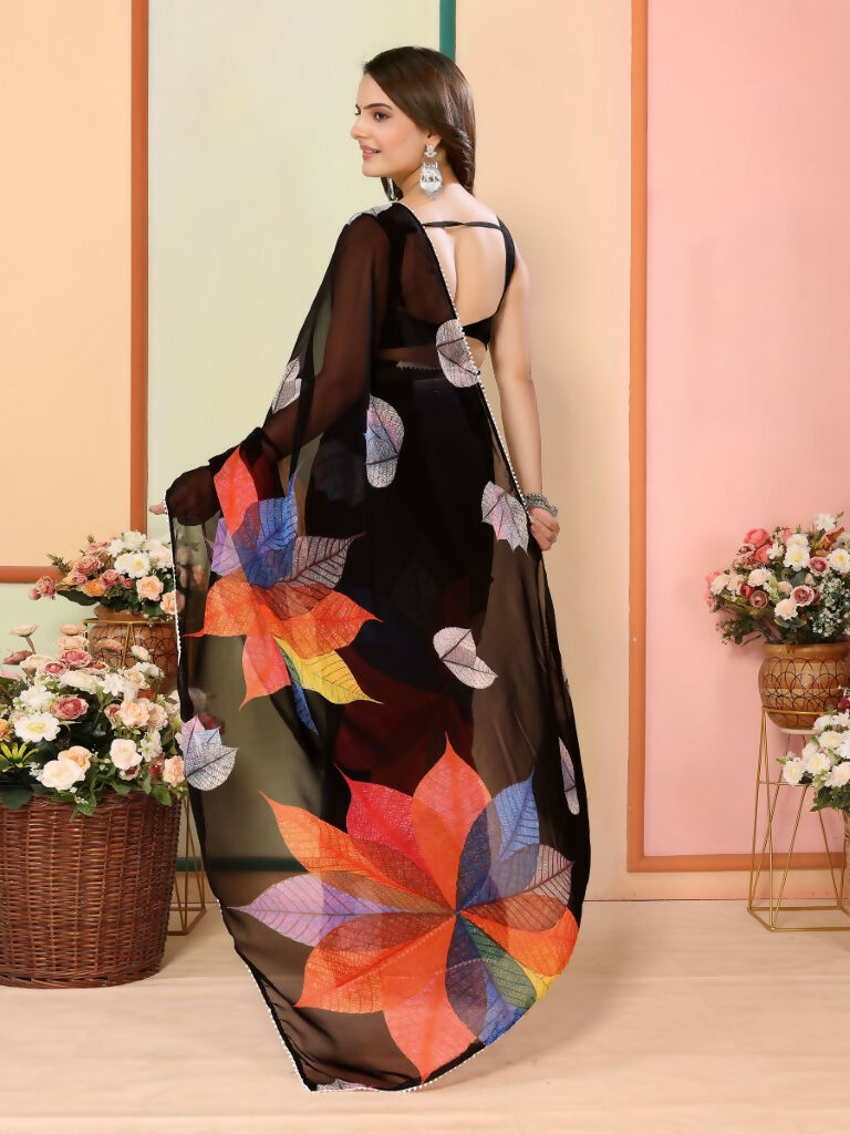 Black Georgette Designer Printed Ready To Wear Saree - Elite