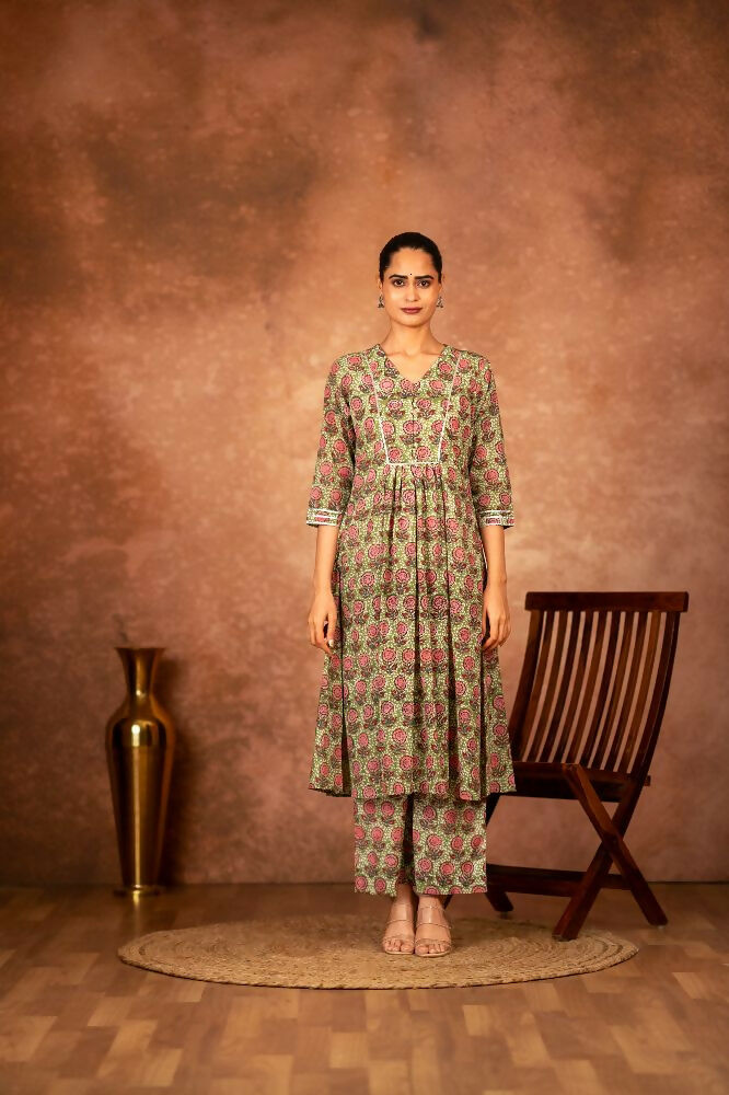 Joban Fashion Green Hand Block Printed Cotton Suit Set - Distacart