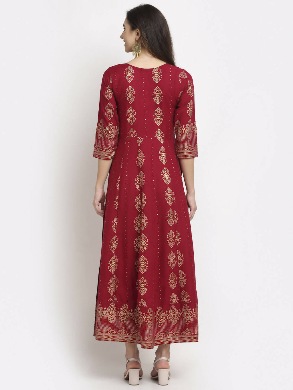 Rudra Bazaar Gold Printed Flared Anarkali Maroon kurti - Distacart