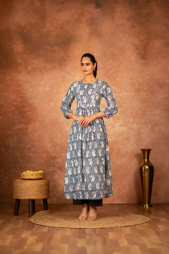 Joban Fashion Blue Floral Hand Block Printed Cotton Kurta Pant Set - Distacart