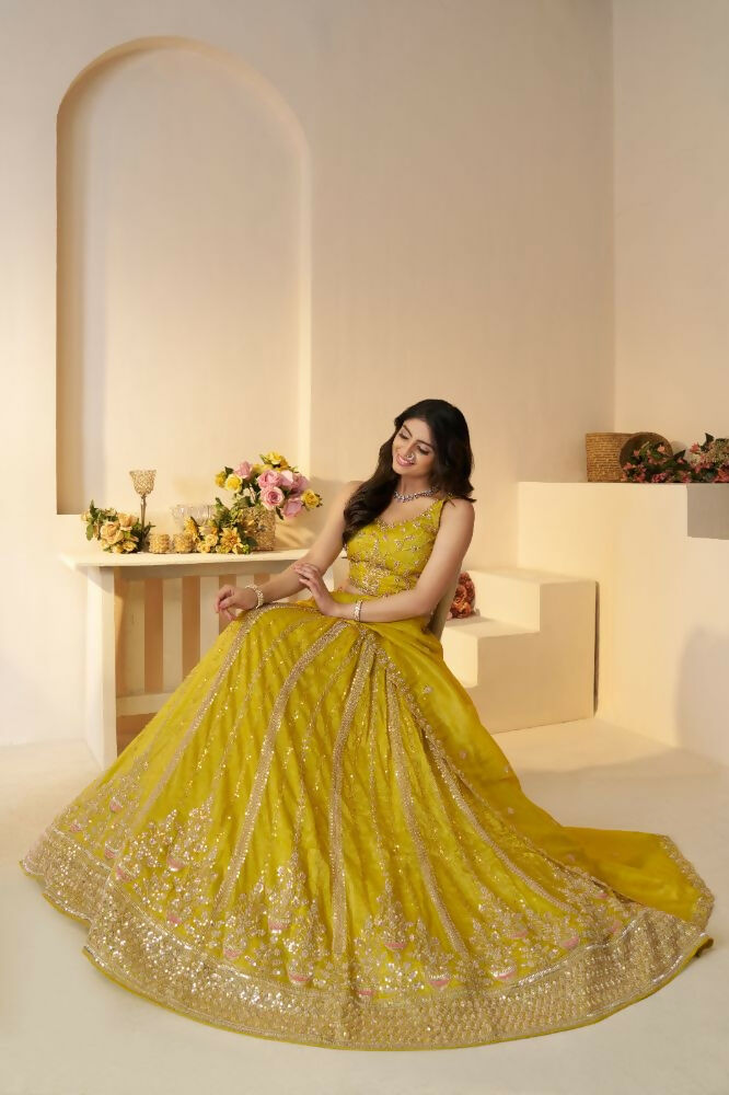 Kesar Fab Yellow Jimmy Choo Hand_Woven Lehenga