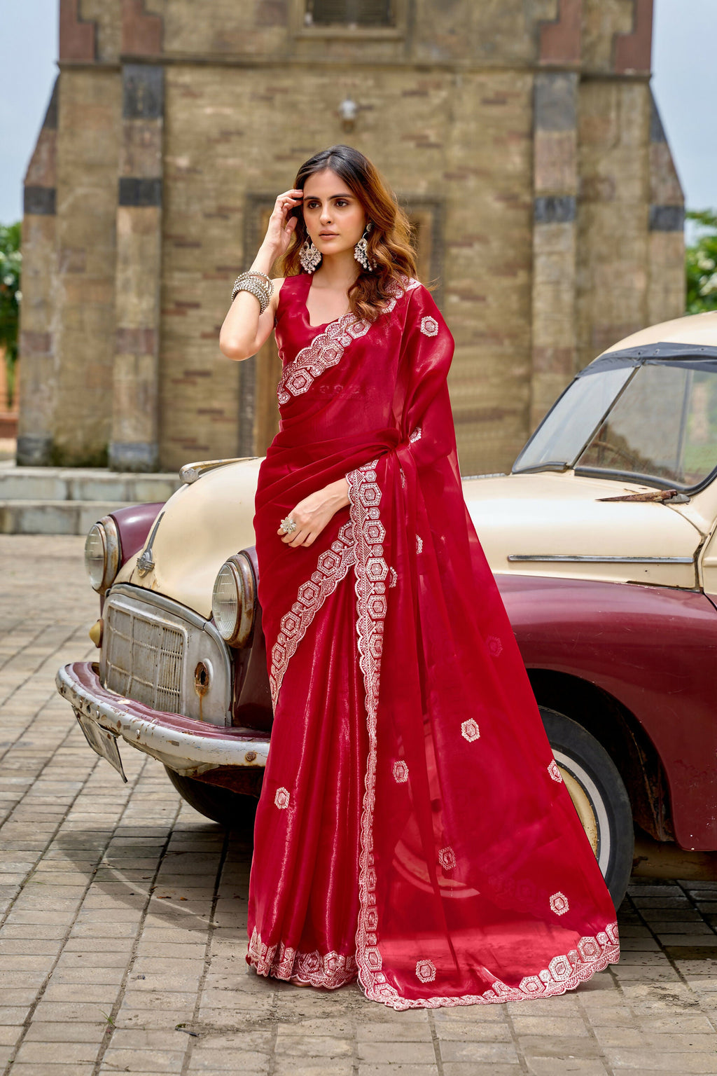 Vastranavya Red Embroidery Work Shimmer Chiffon Saree with Unstitched Blouse - Distacart