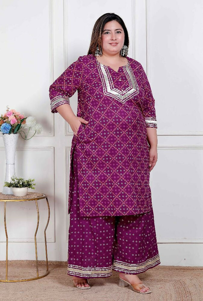 Miravan Plus Size Women Cotton Magenta Gota Work Kurta With Flared Palazzo - Distacart