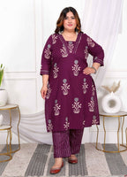 Miravan Women's Plus Size Cotton Fabric Purple Kurta With Palazzo