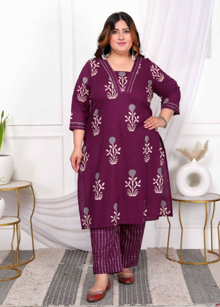 Miravan Women's Plus Size Cotton Fabric Purple Kurta With Palazzo