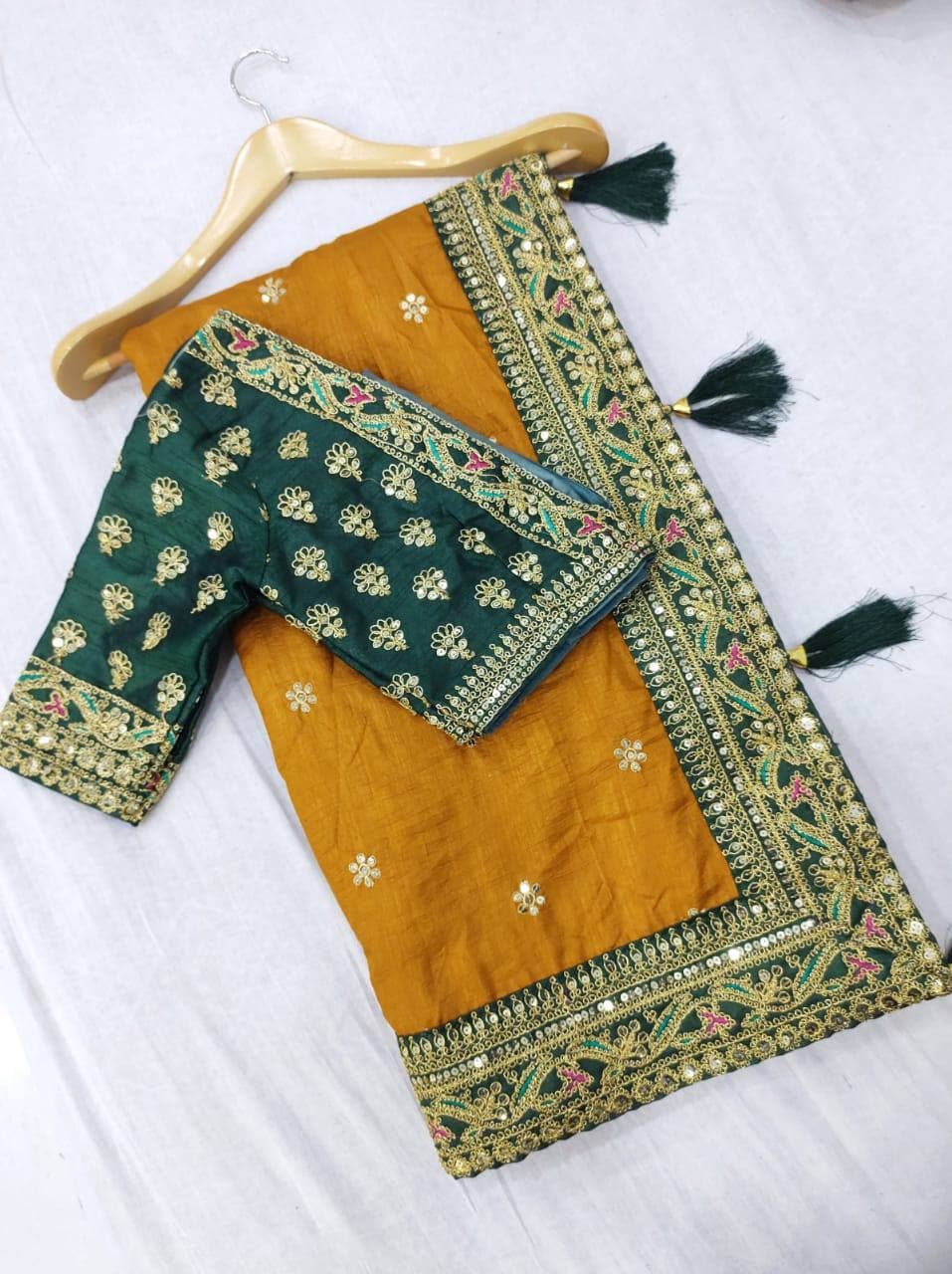 Vamika Mustard Royal Vichitra Silk Sequins,Coding And Thread Multi Work And Havy Work Border Saree