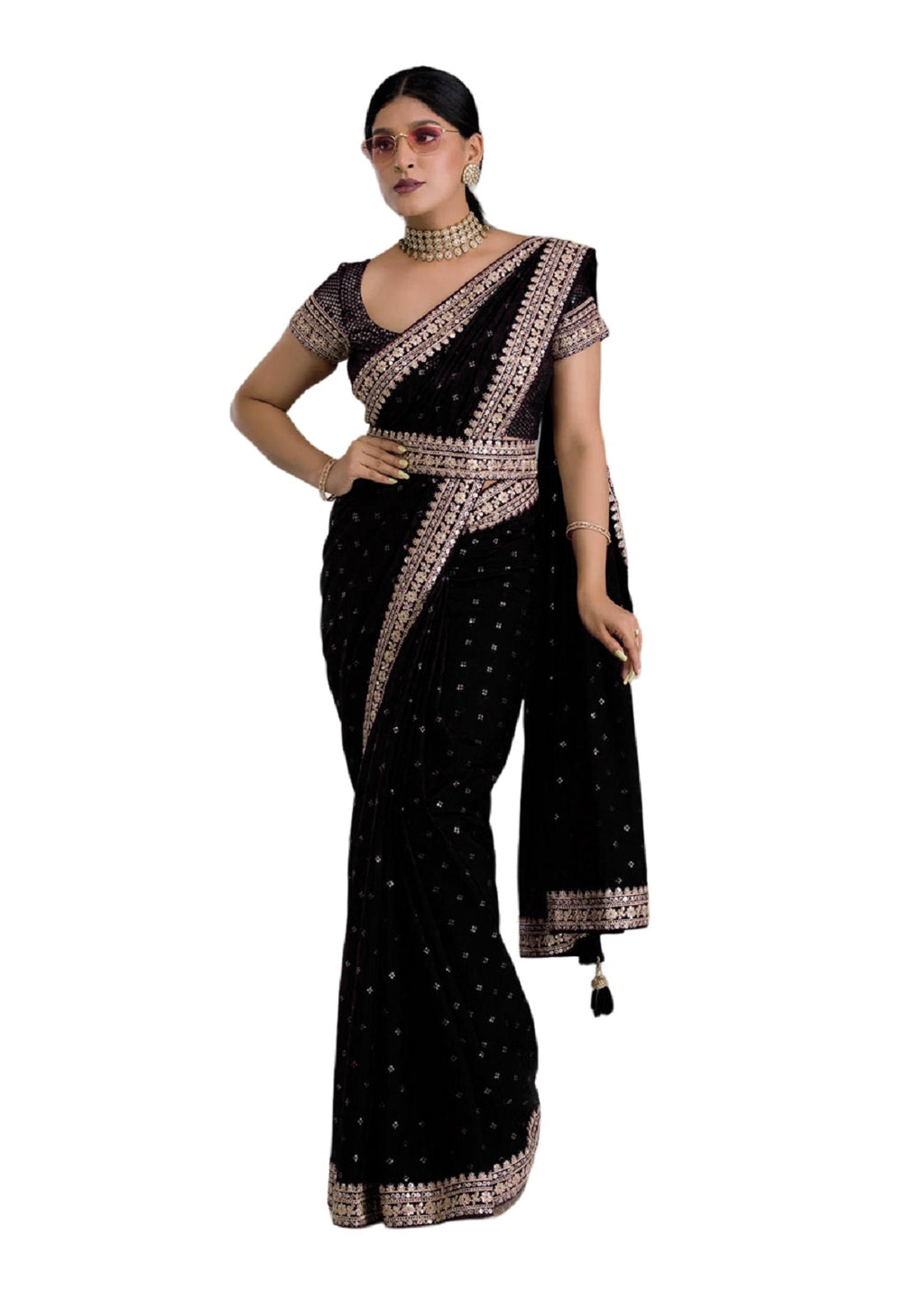 Vamika Black Chinon Zari Embroidery With Sequins Saree