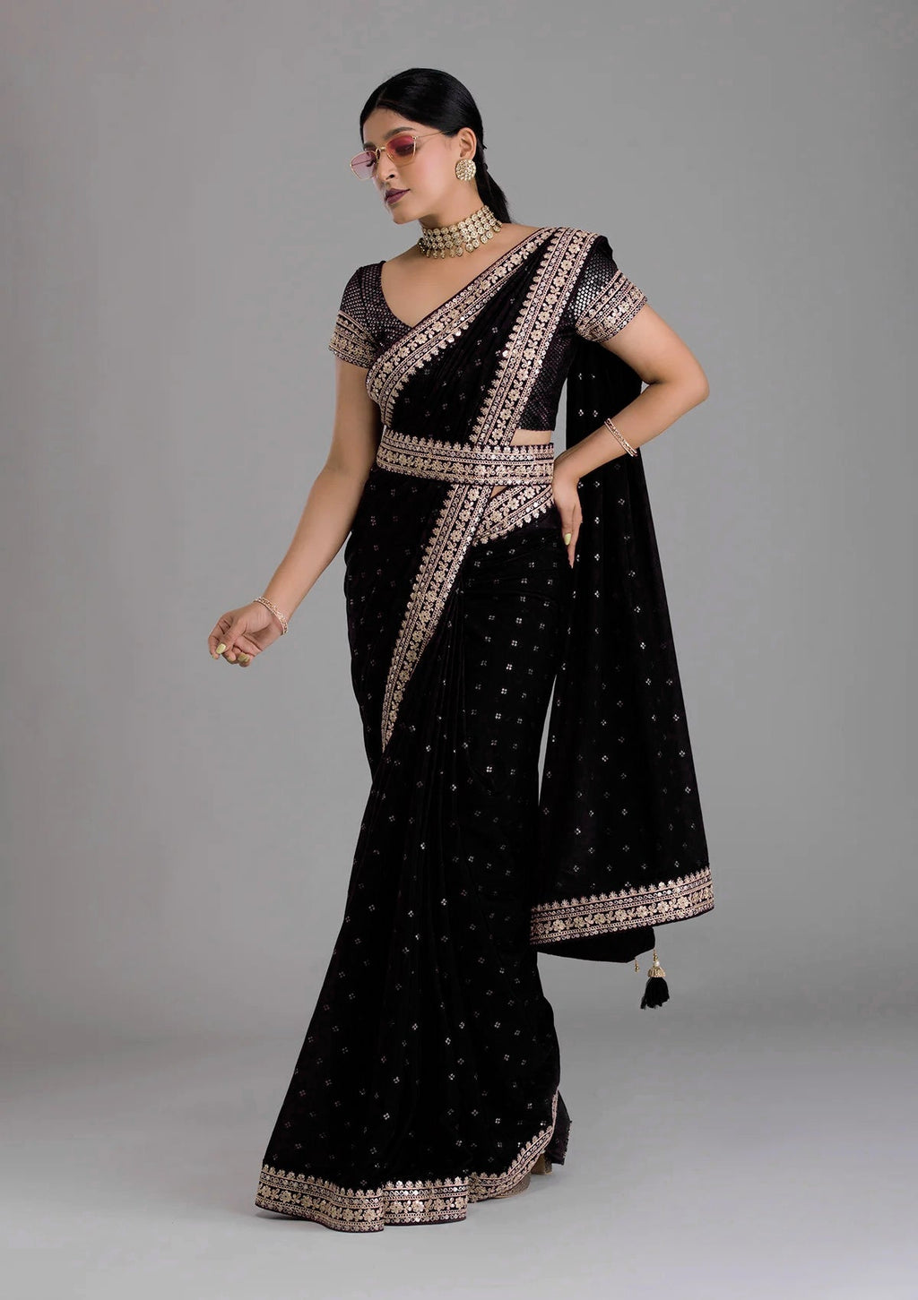 Vamika Black Chinon Zari Embroidery With Sequins Saree