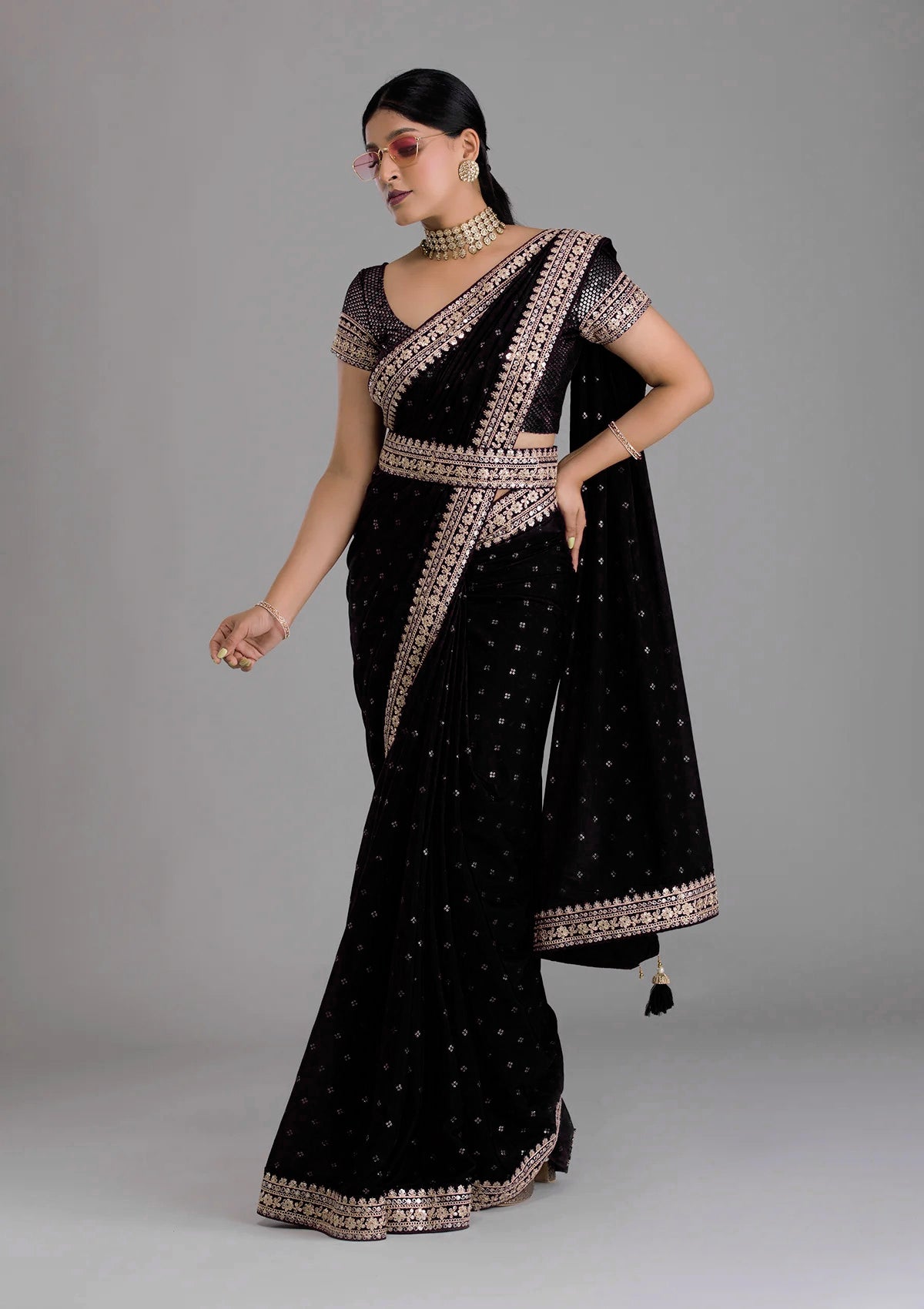 Vamika Black Chinon Zari Embroidery With Sequins Saree