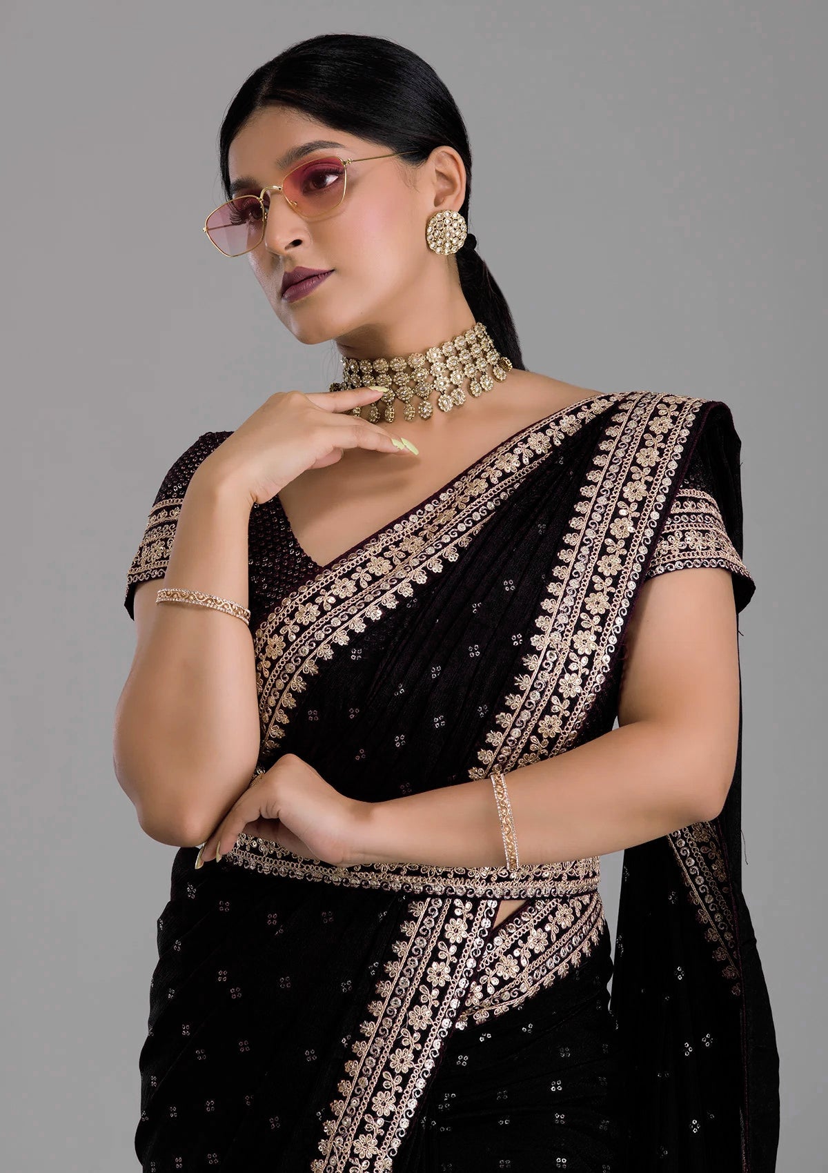Vamika Black Chinon Zari Embroidery With Sequins Saree