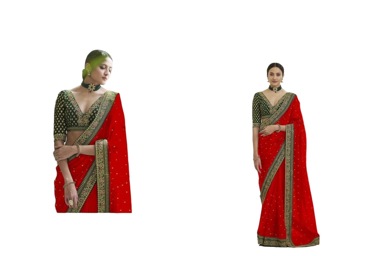 Vamika Red Royal Vichitra Silk Sequins,Coding And Thread Multi Work And Havy Work Border Saree