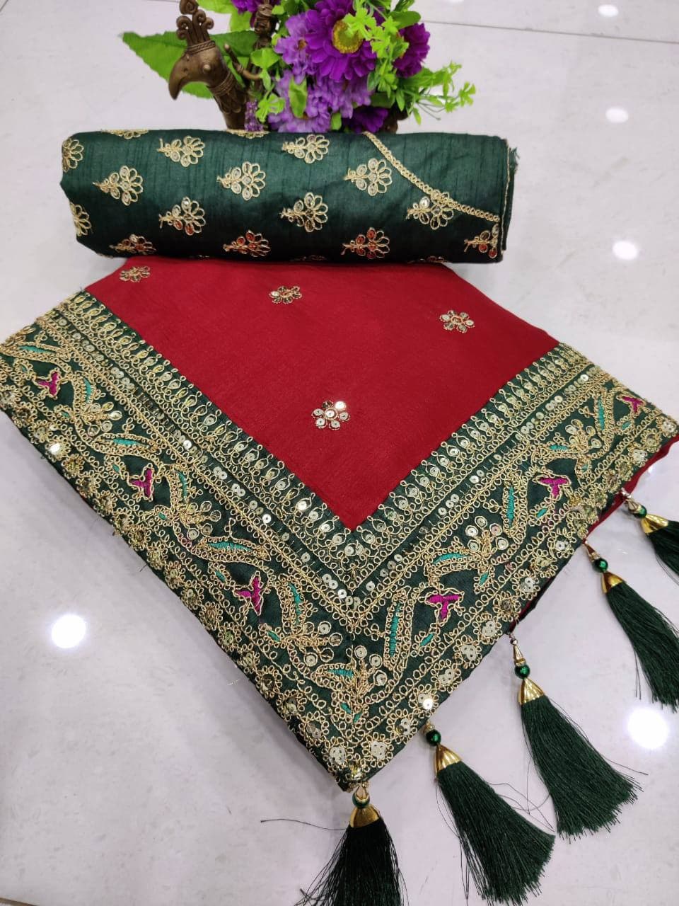 Vamika Red Royal Vichitra Silk Sequins,Coding And Thread Multi Work And Havy Work Border Saree