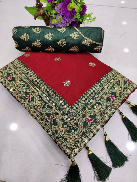 Vamika Red Royal Vichitra Silk Sequins,Coding And Thread Multi Work And Havy Work Border Saree