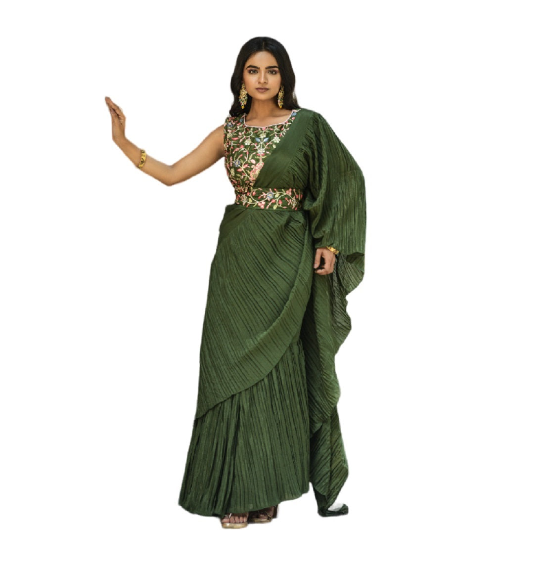 Vamika Olive Green Chinon Half Side Crush Work Saree