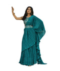 Vamika Aqua Blue Chinon Half Side Crush Work Saree