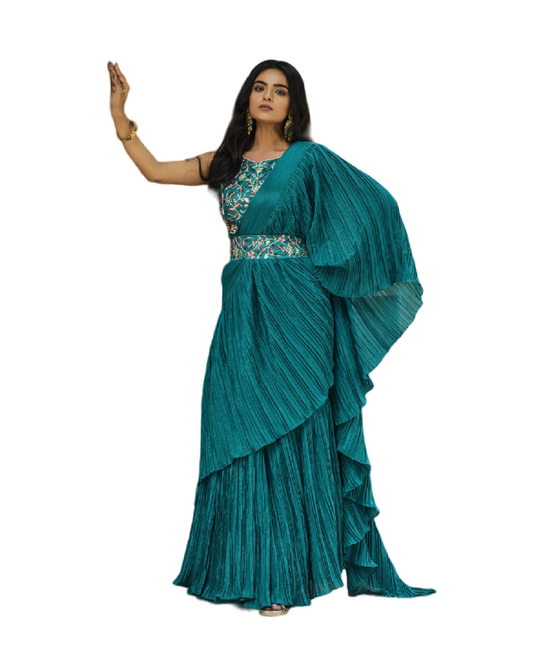 Vamika Aqua Blue Chinon Half Side Crush Work Saree