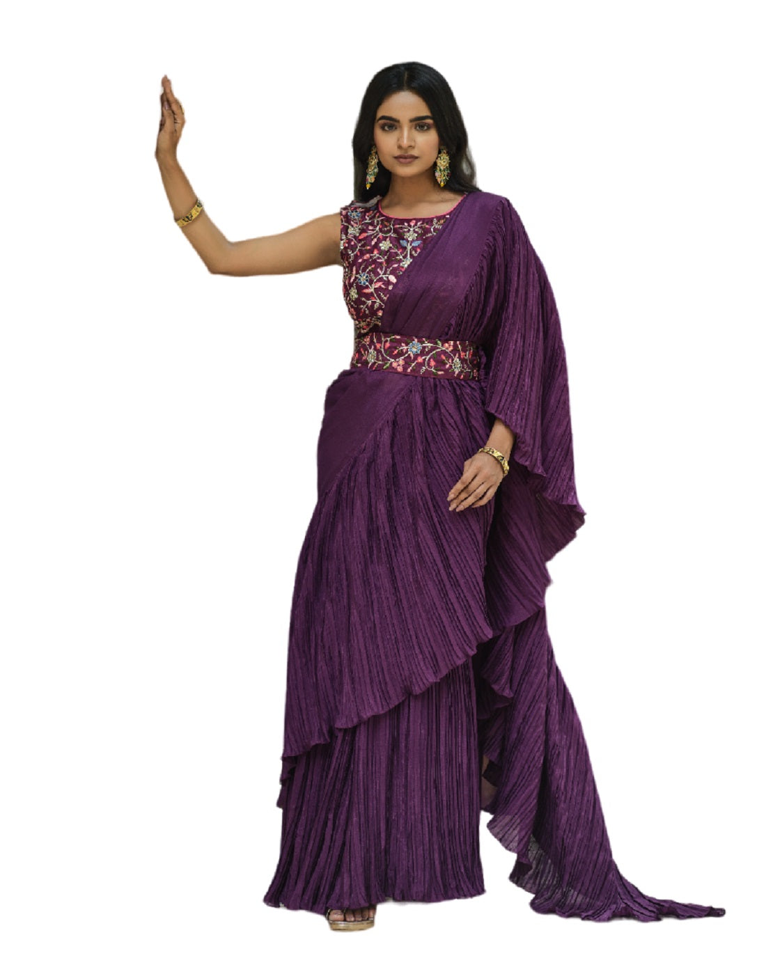Vamika Purple Chinon Half Side Crush Work Saree
