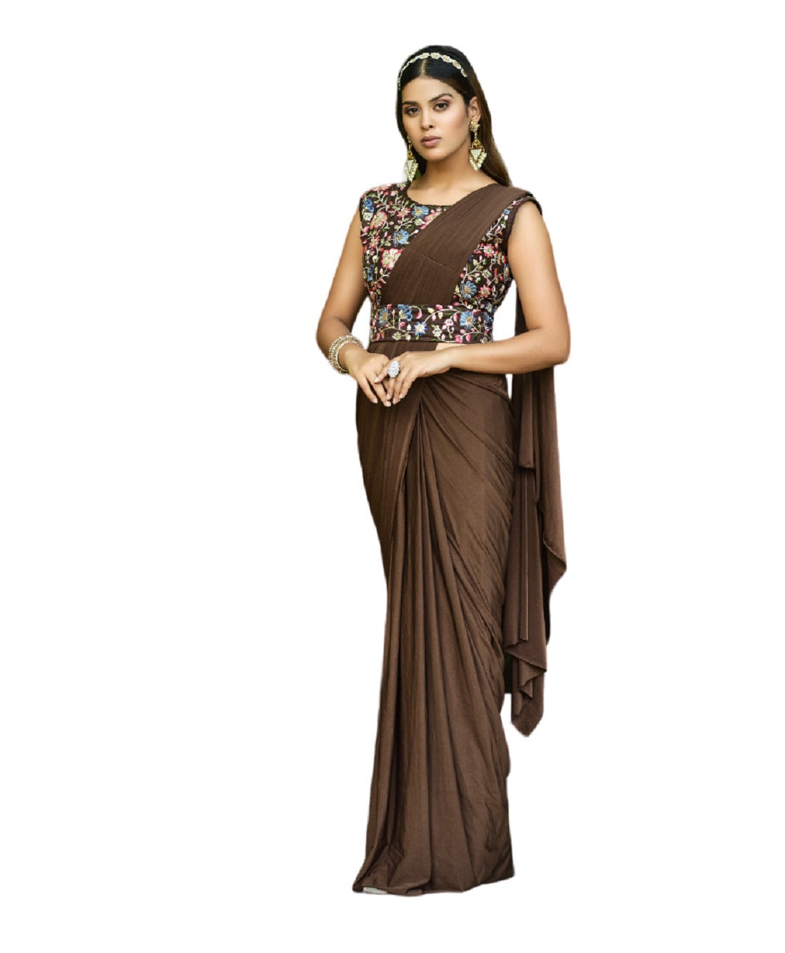 Vamika Brown Women Ready To Wear Lycra Saree With Heavy Multi Sequins Work Blouse
