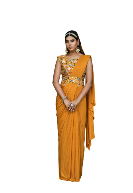 Vamika Mustard Women Ready To Wear Lycra Saree With Heavy Multi Sequins Work Blouse