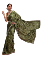 Vamika Olive Green Satin Sequins Embroidery Lace Saree