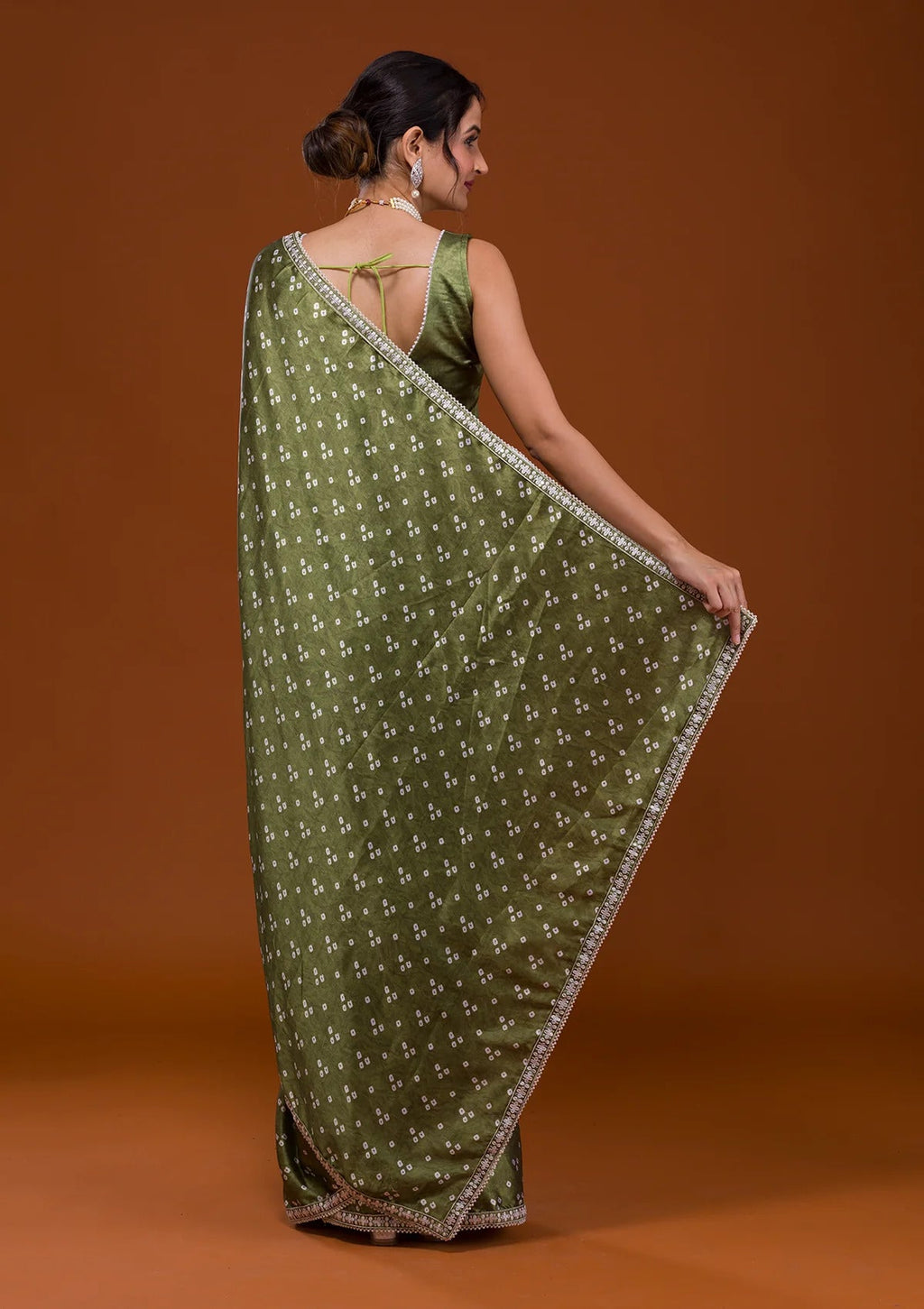Vamika Olive Green Satin Sequins Embroidery Lace Saree