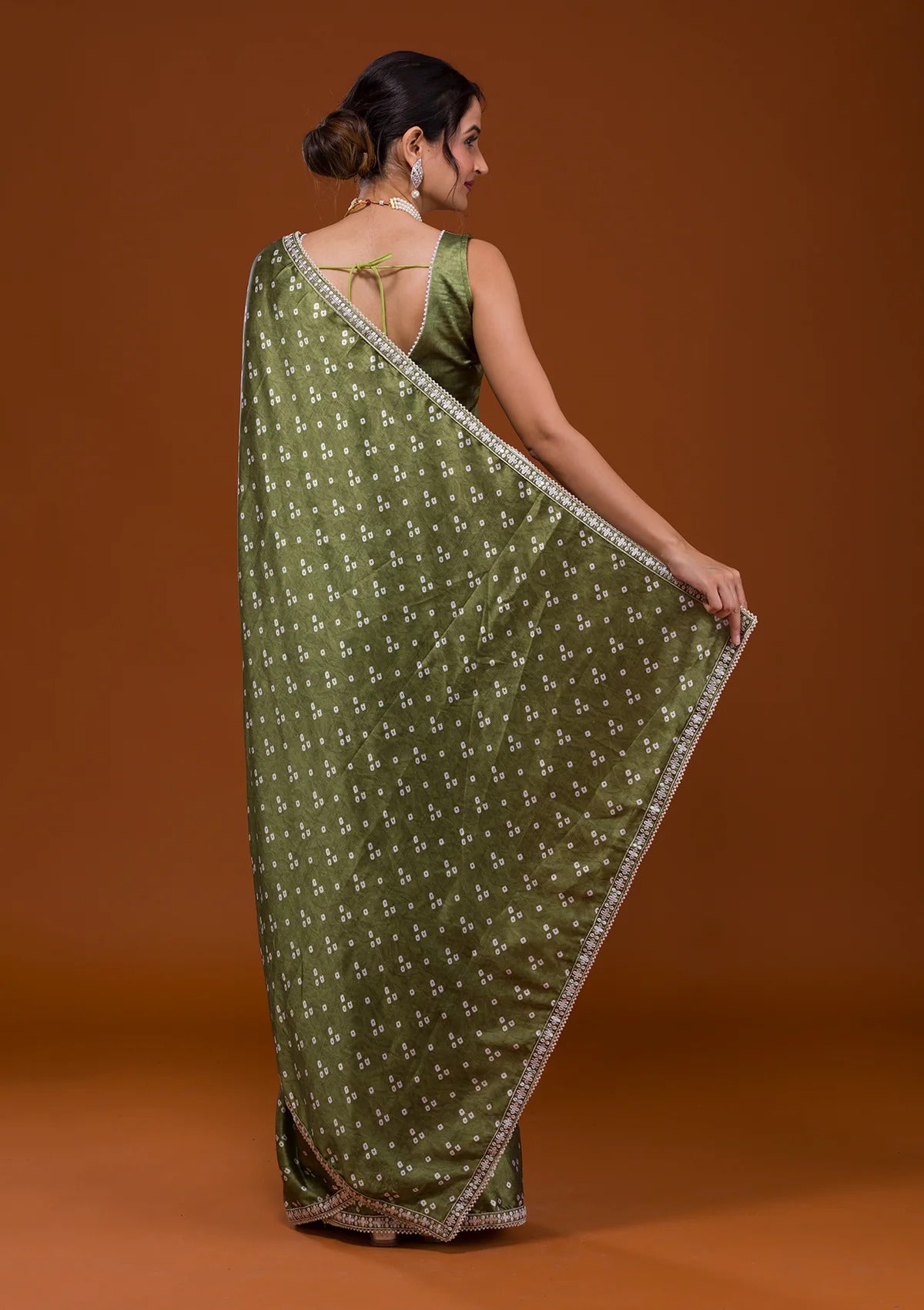 Vamika Olive Green Satin Sequins Embroidery Lace Saree