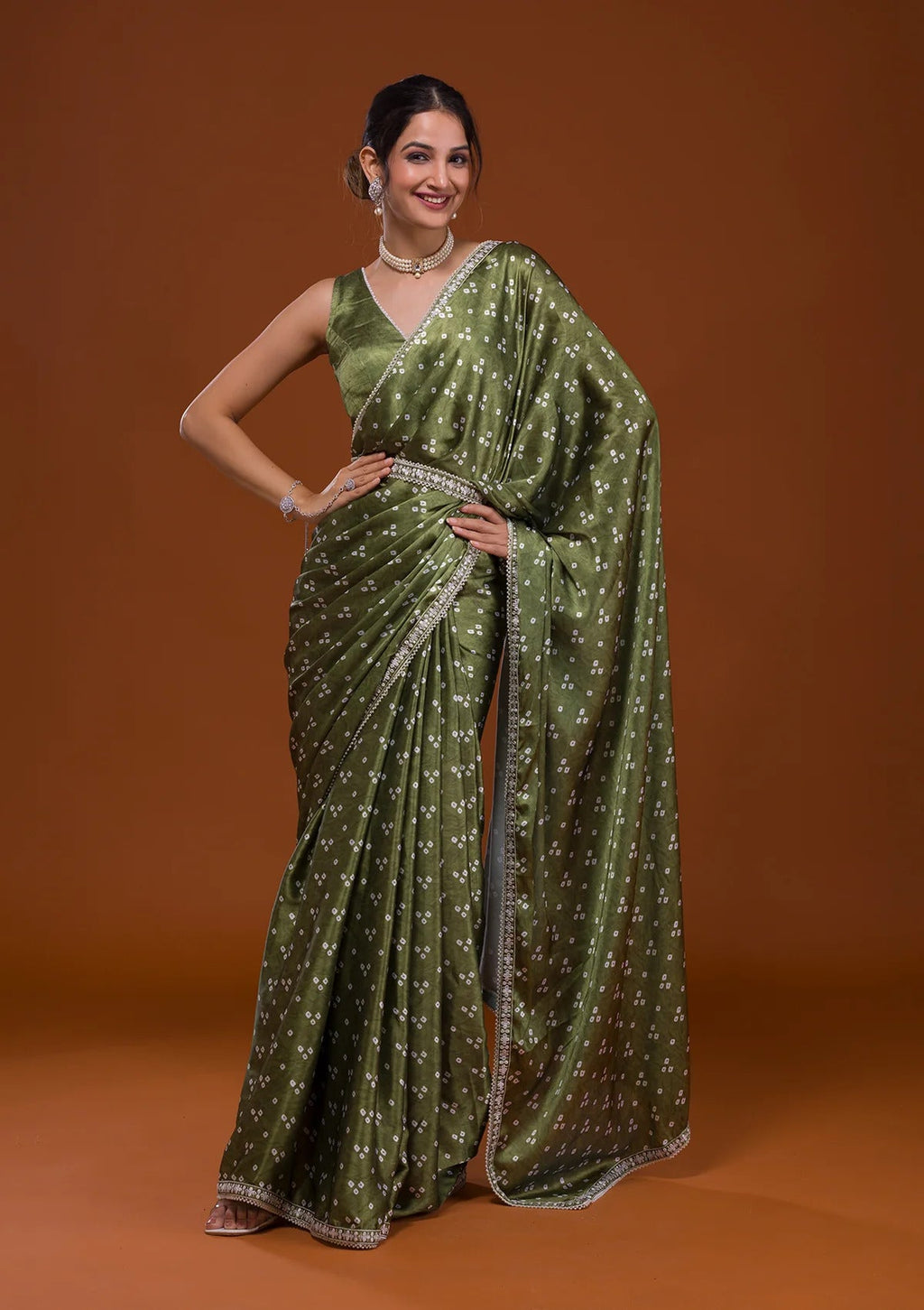 Vamika Olive Green Satin Sequins Embroidery Lace Saree