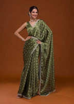 Vamika Olive Green Satin Sequins Embroidery Lace Saree