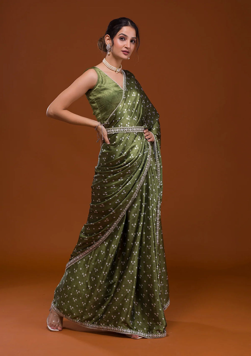 Vamika Olive Green Satin Sequins Embroidery Lace Saree