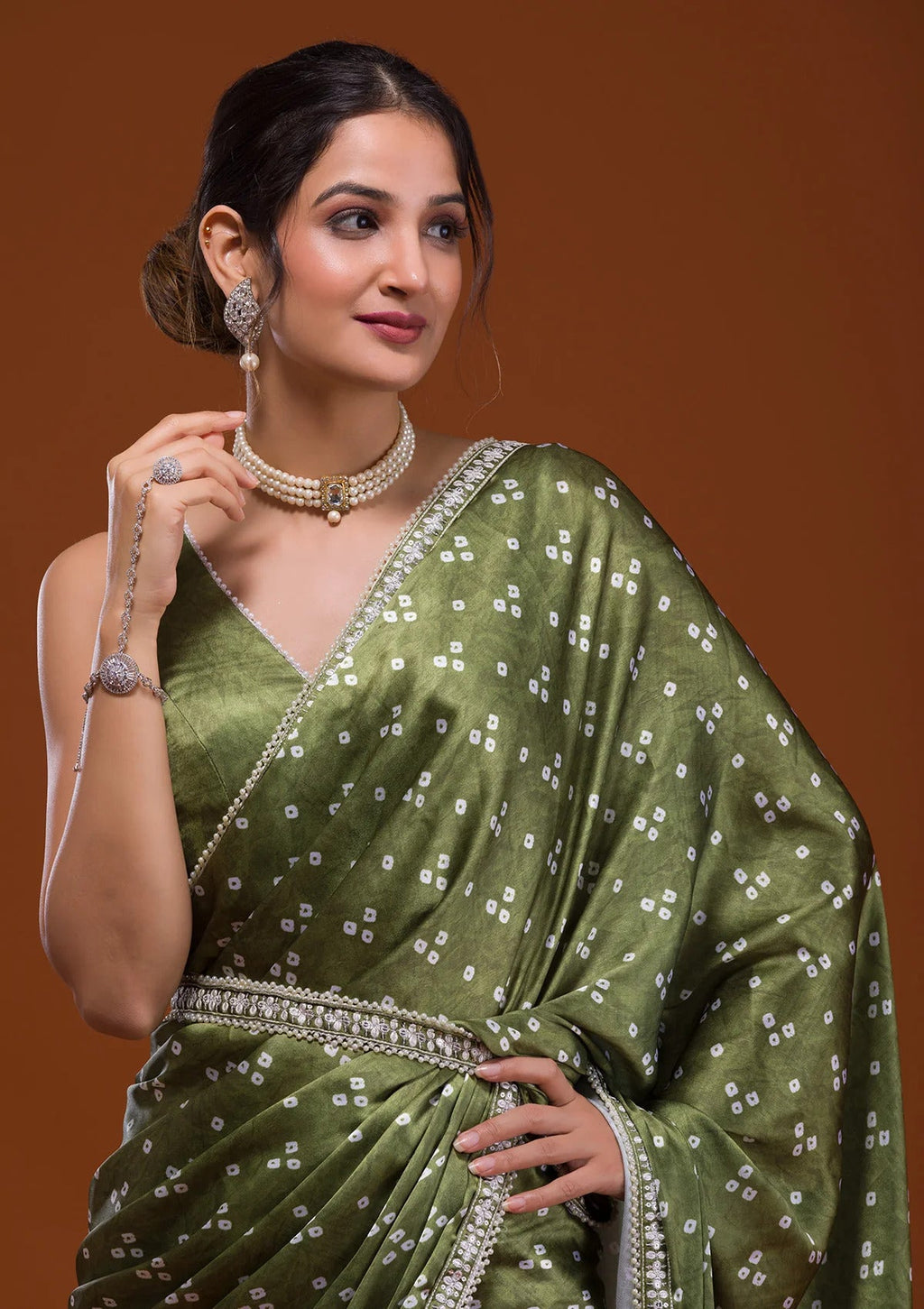 Vamika Olive Green Satin Sequins Embroidery Lace Saree