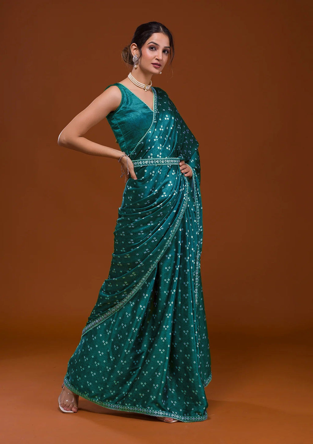 Vamika Aqua Blue Satin Sequins Embroidery Lace Saree