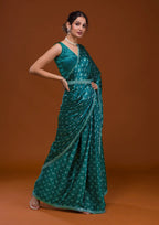 Vamika Aqua Blue Satin Sequins Embroidery Lace Saree