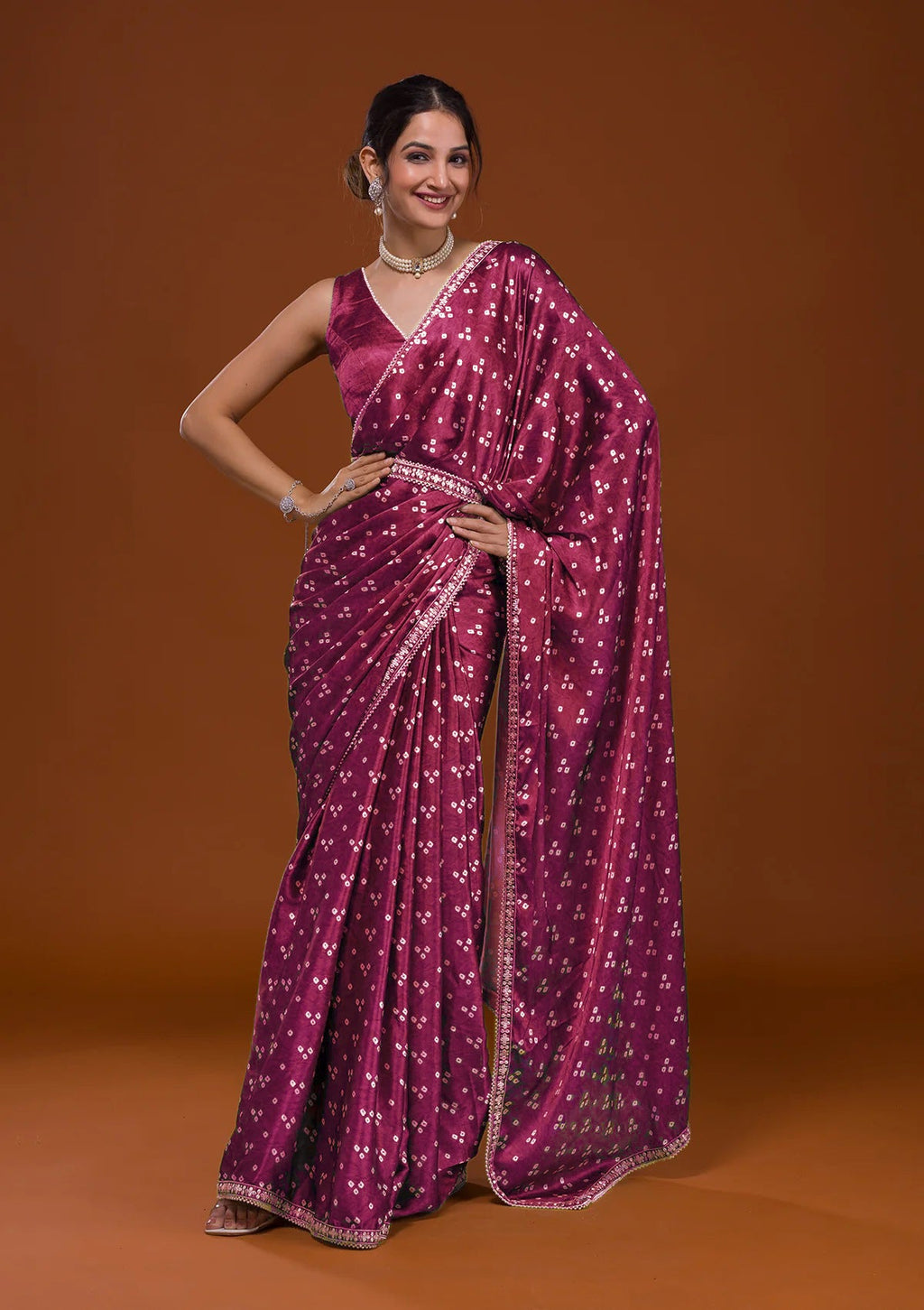 Vamika Pink Satin Sequins Embroidery Lace Saree