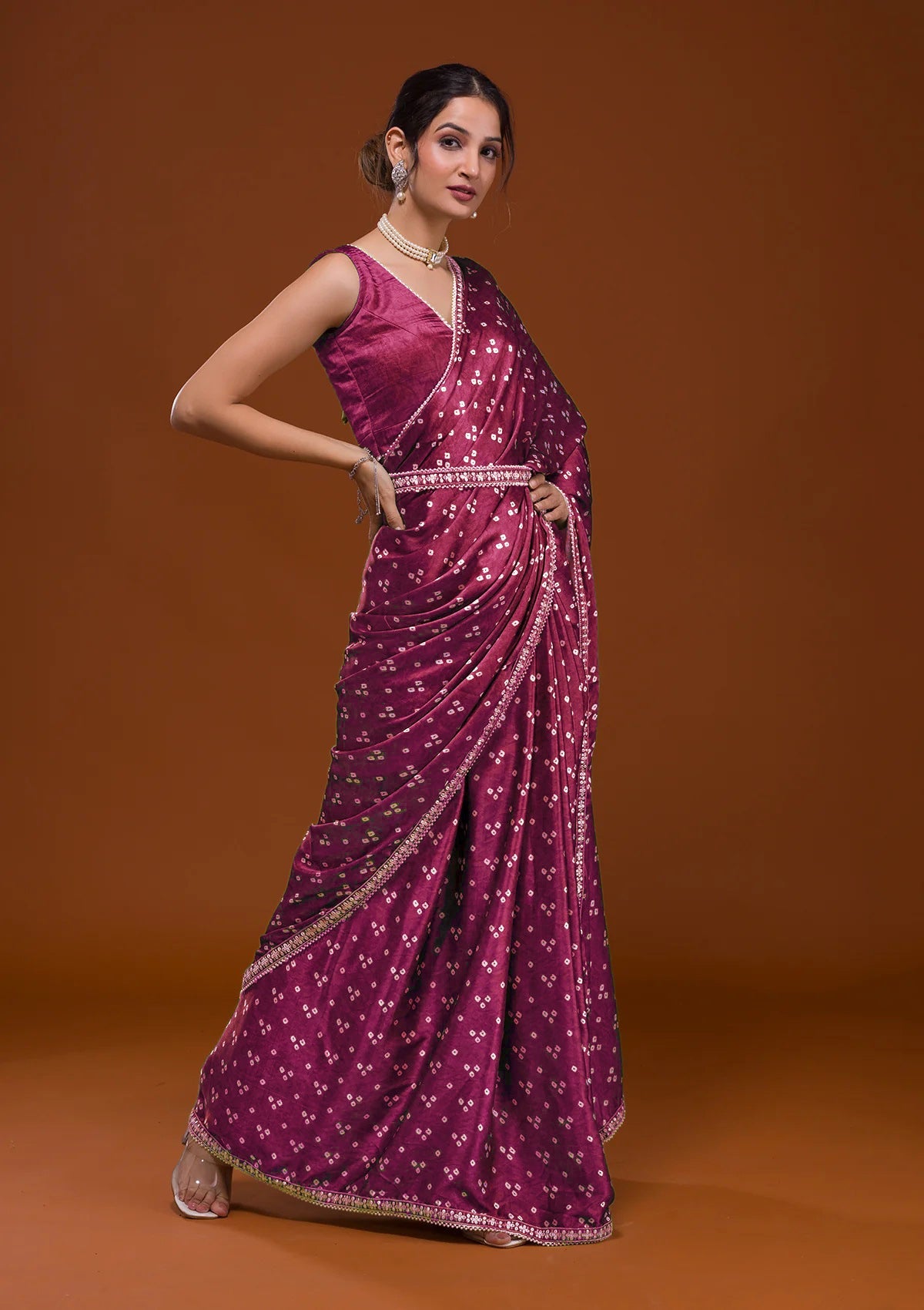 Vamika Pink Satin Sequins Embroidery Lace Saree