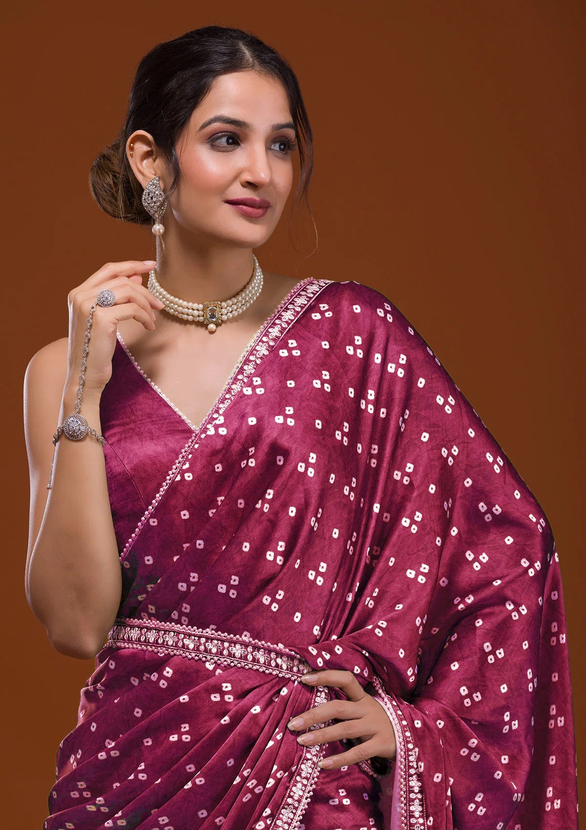 Vamika Pink Satin Sequins Embroidery Lace Saree