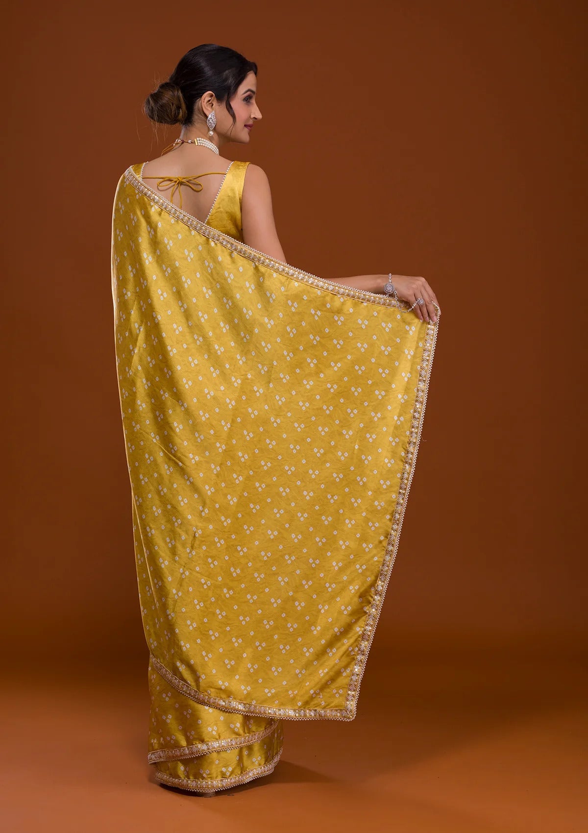 Vamika Yellow Satin Sequins Embroidery Lace Saree