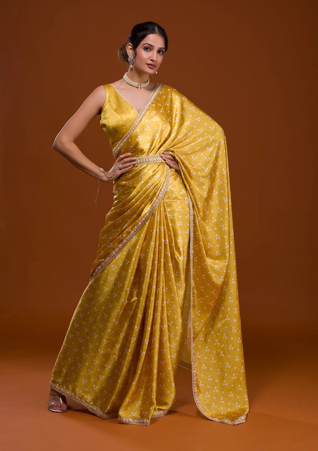 Vamika Yellow Satin Sequins Embroidery Lace Saree