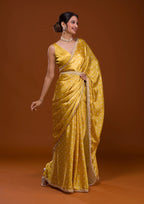Vamika Yellow Satin Sequins Embroidery Lace Saree