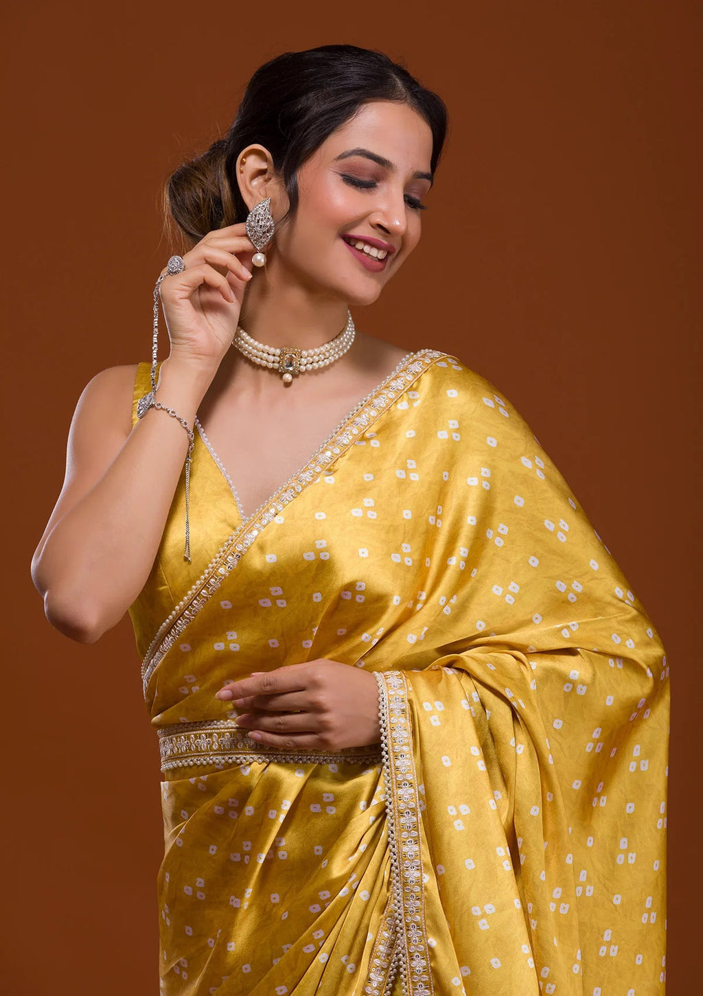 Vamika Yellow Satin Sequins Embroidery Lace Saree