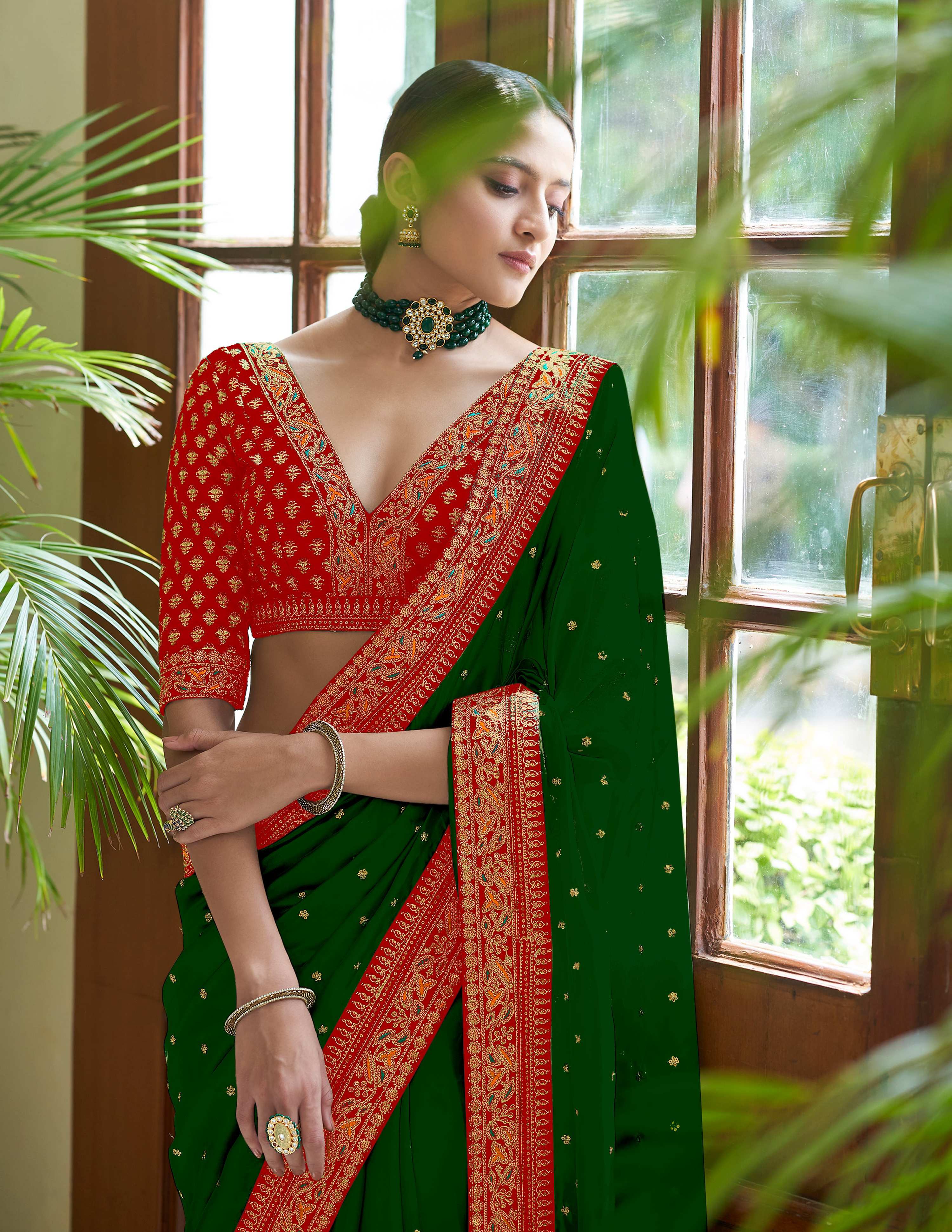 Vamika Green Royal Vichitra Silk Sequins,Coding And Thread Multi Work And Havy Work Border Saree