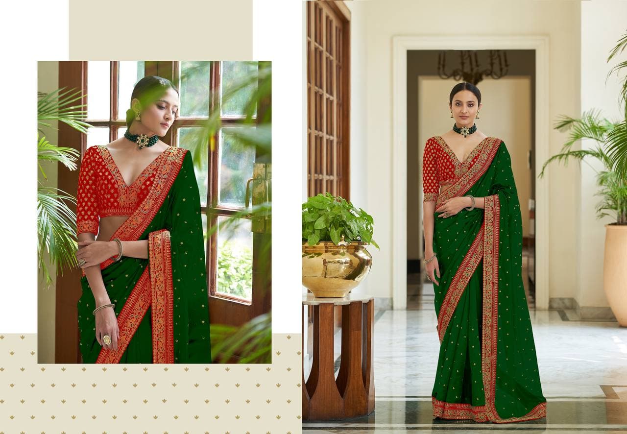 Vamika Green Royal Vichitra Silk Sequins,Coding And Thread Multi Work And Havy Work Border Saree